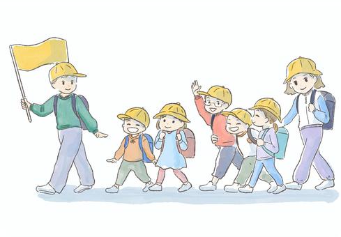 集団登校　長袖バージョン 集団登校,集団,登校,分団,小学生,子ども,班,水彩,手描き,低学年のイラスト素材