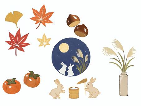 秋のイラスト もみじ,イチョウ,お月見,うさぎ,柿,ススキのイラスト素材