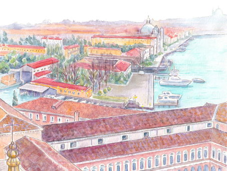 イタリア　ベネチアの風景 イタリア,ベネチア,風景,街並み,スケッチ,水彩,手描き,ヨーロッパ,海,舟のイラスト素材