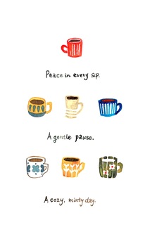 水彩マグカップのイラストセット 水彩,マグカップ,カフェ,カップ,リラックス,癒し,英文,英語,シンプル,手描きのイラスト素材