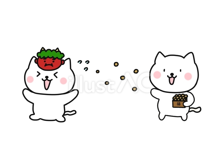豆まきをする猫 猫,白猫,かわいいのイラスト素材