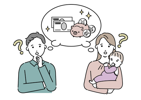 貯金について考える若い夫婦 将来設計,夫婦,資産,資産形成,貯金,貯蓄,ローン,投資,投資信託,お母さんのイラスト素材