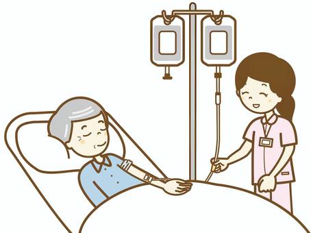 入院　点滴しましょうね5 おじいさん,高齢者,寝たきり,寝る,点滴,ベッド,看護師,笑顔,安心,入院のイラスト素材