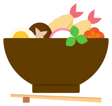 年越しそばとお箸01 年越しそば,天ぷらそば,蕎麦,麺類,食べ物,人参,椎茸,天ぷら,海老天,卵のイラスト素材