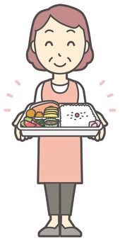  エプロンおばちゃん-038-全身 弁当,おばちゃん,エプロン,お母さん,ママ,中年,おばさん,主婦,人物,かわいいのイラスト素材