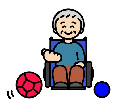 車椅子でボッチャをしているおじいちゃん ボッチャ,パラスポーツ,おじいちゃん,祖父,笑顔,投げる,ボール,レクリエーション,楽しい,スポーツのイラスト素材