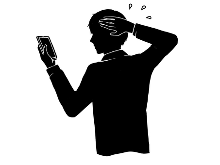 スマホを持って焦る男性 男性,人物,焦る,スマホ,トラブル,汗,見る,確認,連絡,困るのイラスト素材