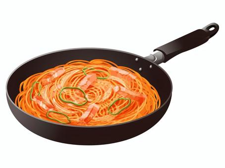 ベーコンのナポリタン（フライパン） ナポリタン,ベーコン,スパゲッティ,洋食,料理,食べ物,麺類,ピーマン,玉ねぎ,フライパンのイラスト素材