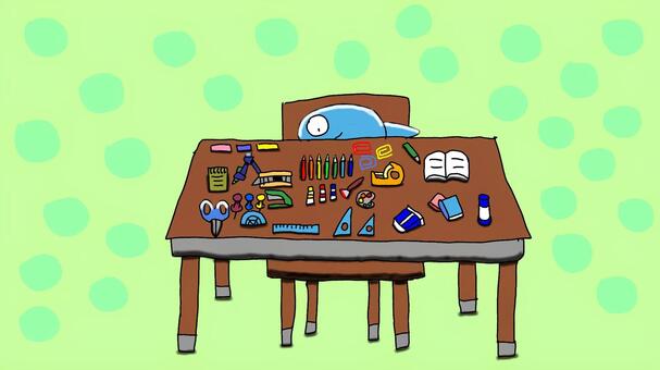 魚の机 机,机上,ノート,紙,三角定規,押しピン,クリップ,定規,ハサミ,色鉛筆のイラスト素材