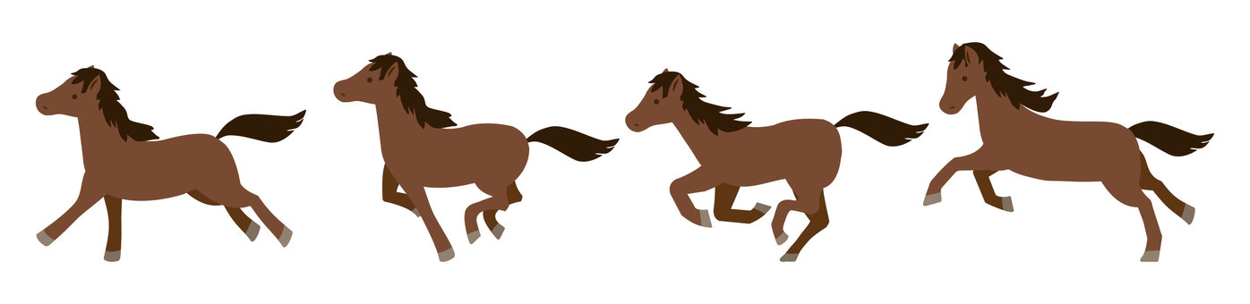 干支の午・4頭セット_年賀素材6 馬,動物,生物,競馬,たてがみ,サラブレッド,全身,ポーズ,横向き,茶色のイラスト素材