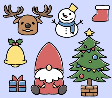 クリスマスの素材セット クリスマス,素材,サンタ,小人,ツリー,トナカイ,雪だるま,プレゼント,ベル,くつ下のイラスト素材