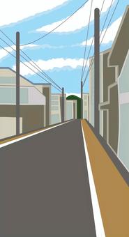 道路　 道路,町中,風景,遠近,車道,建物,ビル,電柱のイラスト素材