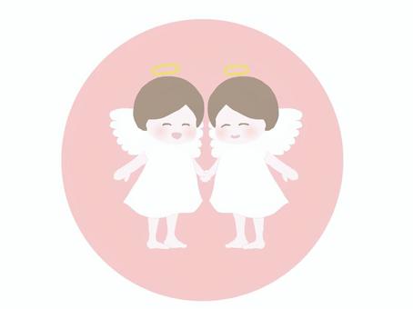 ふたりの天使 天使,双子,2人,笑顔,天使の輪,羽根,手をつなぐ,ピンク色,主線なし,ファンタジーのイラスト素材