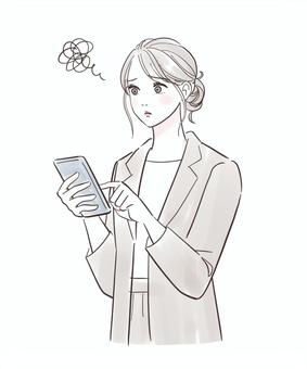 スマホを見てガッカリするスーツ姿の女性 女性,スマホ,かわいい,オシャレ,人物,操作,使う,見る,美人,大人のイラスト素材