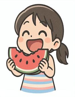 美味しそうにスイカを食べる女の子