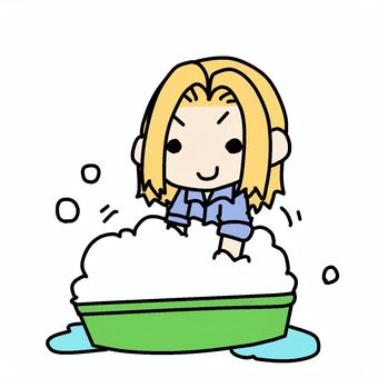 たらいを泡立てる女性 金髪,たらい,バケツ,泡立てる,洗濯,手洗い,もこもこ,シャンプー,清潔,洗い物のイラスト素材