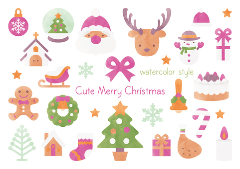 かわいいクリスマスセット-2 冬,クリスマス,イベント,サンタ,トナカイ,ツリー,家,クリスマスツリー,プレゼント,リボンのイラスト素材