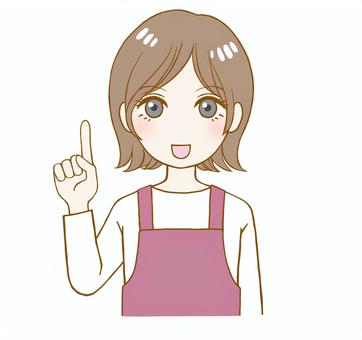 エプロン姿の女性のここがポイントポーズ 女性,エプロン,主婦,注目,ポイント,指差し,笑顔,ポーズ,表情,ショートボブのイラスト素材