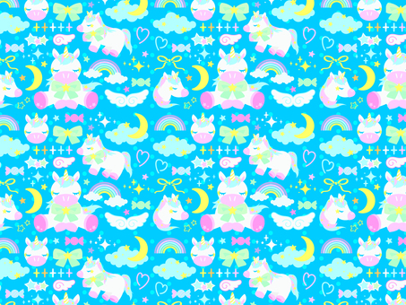 ゆめかわいいユニコーン　背景１ ユニコーン,ゆめかわ,メルヘン,虹,月,リボン,羽,雲,かわいい,詰め合わせのイラスト素材