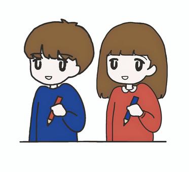 鉛筆を持つ男の子と女の子 勉強,子供,小学生,学習,学校,宿題,鉛筆,考える,学ぶ,テストのイラスト素材