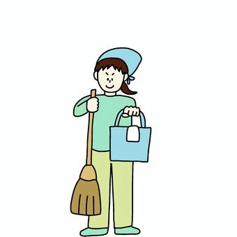 掃除をする女性 女性,人物,シンプル,掃除,ほうき,バケツ,ぞうきん,三角巾のイラスト素材
