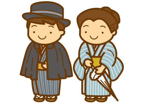 明治人-4c 明治時代,明治,レトロ,服装,帽子,コート,インパネス,トンビコート,着物,帯のイラスト素材