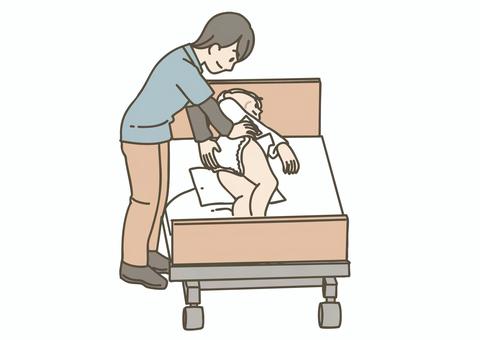 ベッド上での高齢者のおむつ交換 介護,介護士,介護福祉士,ヘルパー,介助,排泄,排泄介助,おむつ,オムツ,おむつ交換のイラスト素材