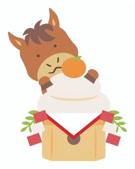 馬と鏡餅 午年,馬,鏡餅,年賀状素材,お正月,かわいい,縁起物,干支,十二支,餅のイラスト素材