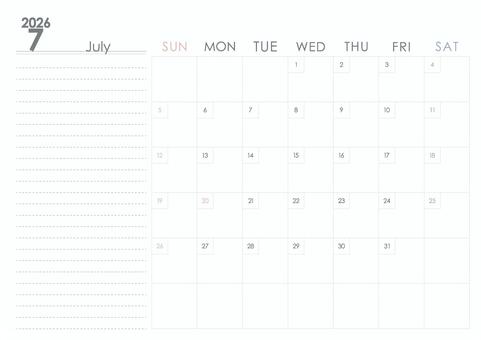 2026年7月カレンダー 2026年7月カレンダー カレンダー,手帳,日付,2026年,7月,デジタルプランナー,トラッカー,a4サイズ,日曜始まり,シンプルのイラスト素材