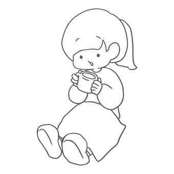 一息つく女の子（線画） 女の子,温かい,飲み物,コーヒー,紅茶,マグカップ,カフェ,ほっこり,癒し,ナチュラルのイラスト素材