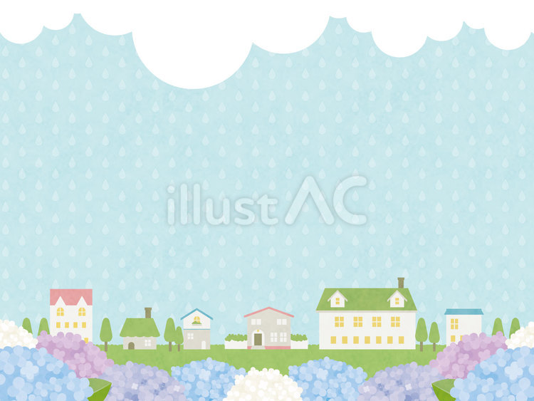 水彩風雨の日の紫陽花と街並みフレーム あじさい,街並み,雨のイラスト素材