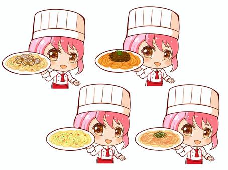 イタリアンシェフとパスタ料理４ イタリアンシェフ,食べ物,パスタ,麺類,女の子,ピンク髪,ペペロンチーノ,たらこスパ,ボンゴレビアンコ,ボロネーゼのイラスト素材