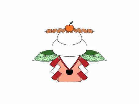 鏡餅（着色） 鏡餅,お正月,1月,縁起物,だいだい,串柿,餅,ゆずり葉,裏白,四方紅のイラスト素材