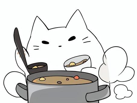 炊き出し ねこ 炊き出し ねこ ねこ,白猫,調理,料理,家庭科,鍋,お玉,肉球,炊き出し,主線ありのイラスト素材