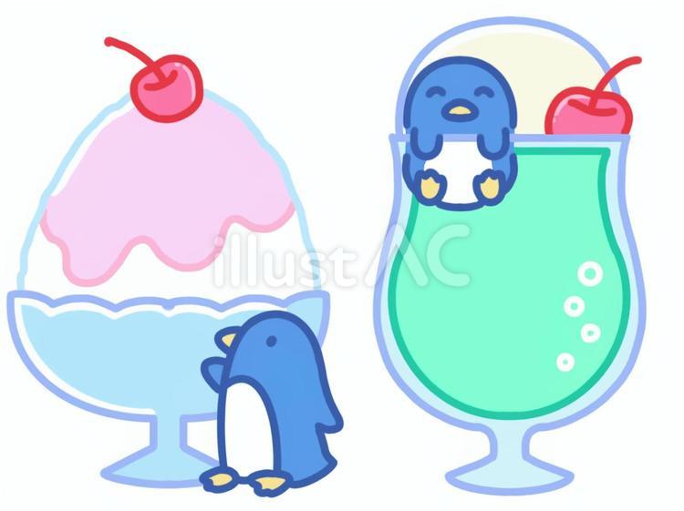 ペンギンと夏のデザート 01 かき氷,昭和レトロ,クリームソーダのイラスト素材