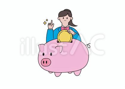 豚の貯金箱にコインを入れる女子学生