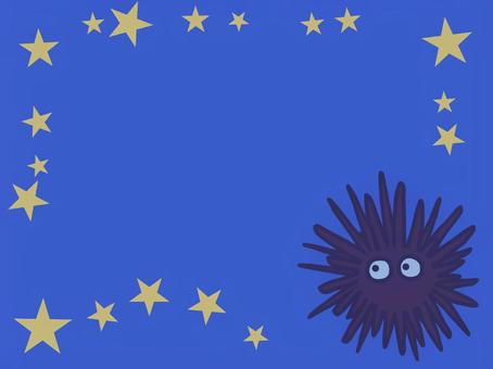 ウニと星 ウニ,星,生き物,トゲトゲ,ゆるカワ,フレーム,スペース,ブルー,目玉,キラキラのイラスト素材