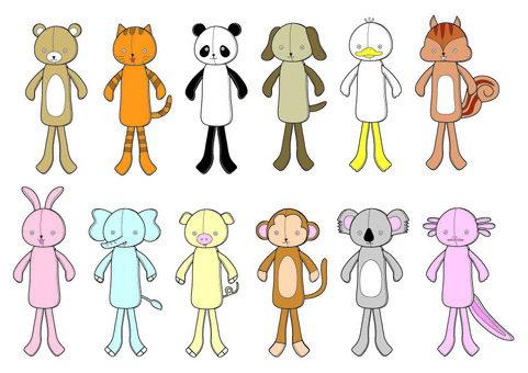 ぬいぐるみ動物カラー ぬいぐるみ,動物,カラフル,くま,ねこ,パンダ,いぬ,アヒル,リス,うさぎのイラスト素材