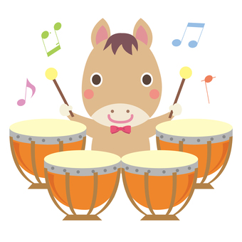 ティンパニを叩く午年の馬 午,馬,ティンパニ,午年,太鼓,打楽器,パーカッション,音符,音楽,楽器のイラスト素材