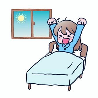 目が覚める　女性　イラスト（スッキリ） 手描き,生活,日常,起床,朝,目覚め,スッキリ,快眠,パジャマ,ベッドのイラスト素材