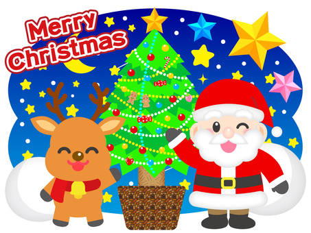 サンタクロースとトナカイのイラスト素材3 サンタクロース,トナカイ,クリスマス,クリスマスツリー,イベント,冬,男性,人物,動物,夜空のイラスト素材