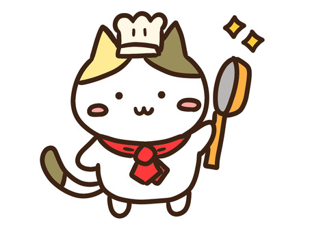 フライパンを持って料理するコック三毛猫 コック,料理,シェフ,ねこ,コックさん,料理人,フライパン,家事,クッキング,料理教室のイラスト素材