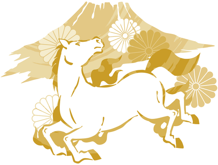 和風、躍動感のある馬と富士山と菊　金 馬,午年,駆ける,お正月,動物,生き物,干支,新年,手書き,走るのイラスト素材