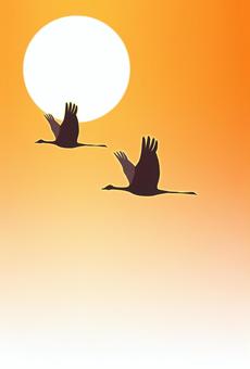 2026_年賀状31 鶴,舞う,飛ぶ,飛翔,飛躍,はばたく,前進,太陽,日の出,朝日のイラスト素材