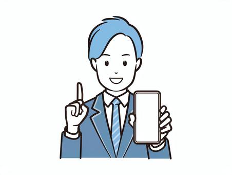 スマホ見せてポイントを示すブレザー男子 スマホ,スマートフォン,携帯電話,ポイント,指差し,人差し指,説明,案内,提案,使い方のイラスト素材