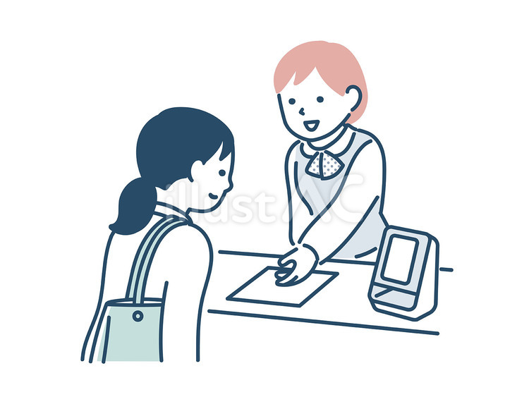 病院の受付で説明を受ける女性 病院,受付,カウンターのイラスト素材