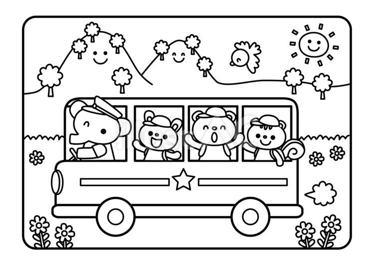 ぬりえ　動物幼稚園の遠足バス ぬりえ,遠足,バスのイラスト素材