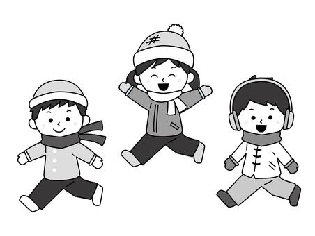 冬にはしゃぐ子どもたち、モノクロ 子ども,小学生,幼い,友達,仲間,兄弟,三人組,仲良し,人物,全身のイラスト素材