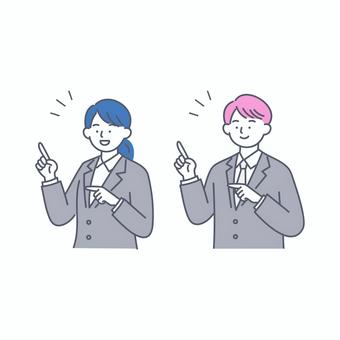 ポイントを指差すビジネス男女のイラスト 人物,ビジネス,就活,男性,女性,スーツ,説明,ポイント,指摘,案内のイラスト素材