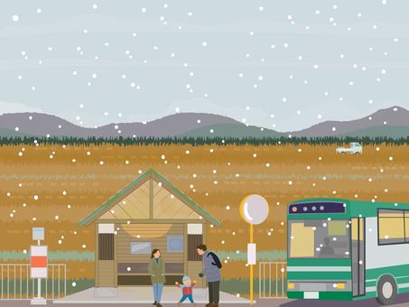 田舎のバス停 バス停,冬,雪,家族,バス,田舎,田園,風景,お迎え,パパのイラスト素材